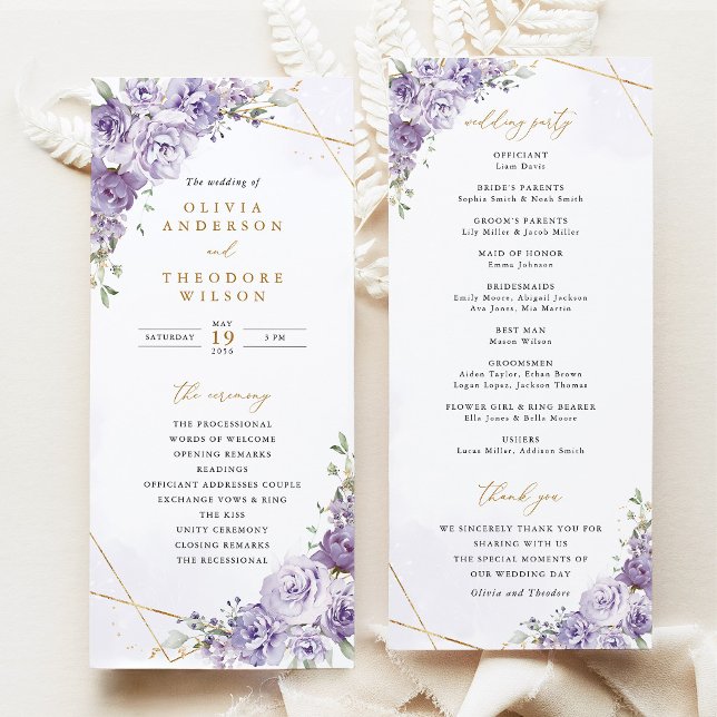 Lavender Floral Gold Geometric Wedding Ceremony Program (Lavender Floral Gold Geometric Wedding Program, Elegant Purple Rose Wedding Ceremony Program)