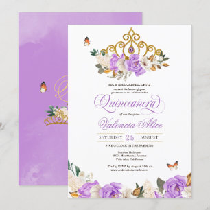 Lavender Floral Gold Tiara Butterfly Quinceanera Invitation