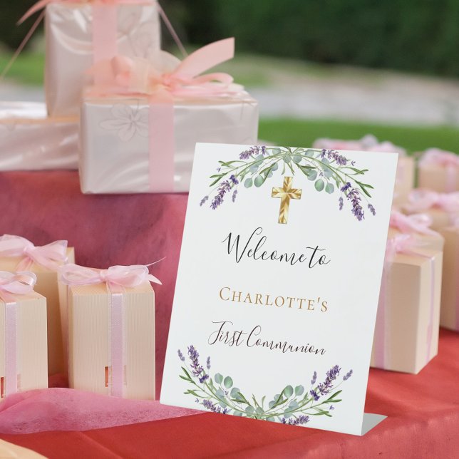 Lavender floral greenery First Communion welcome Pedestal Sign (Creator Uploaded)