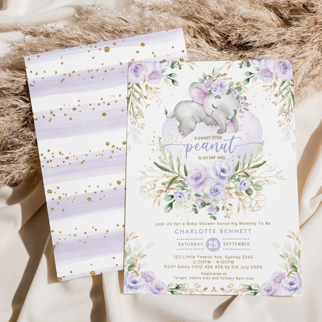 Lavender Floral Greenery Gold Elephant Baby Shower Invitation (Creator Uploaded)