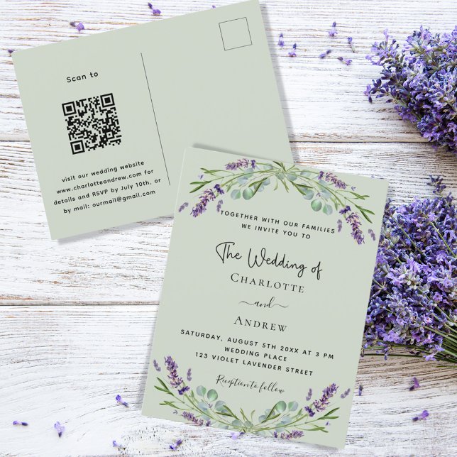Lavender floral greenery sage green QR wedding Invitation Postcard (Creator Uploaded)