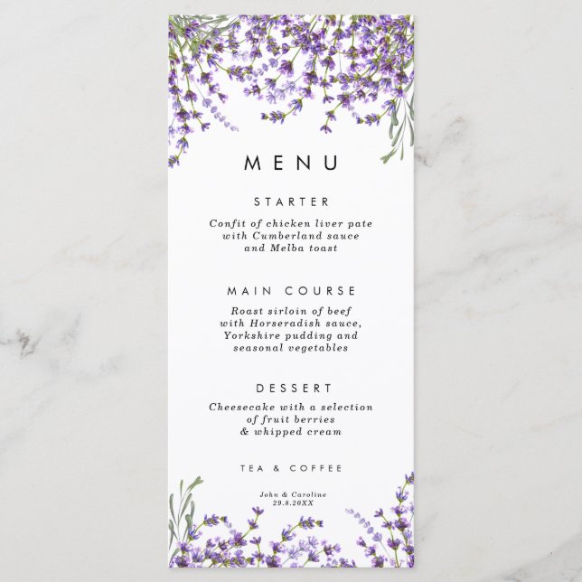 lavender floral greenery wedding menu cards (Front)