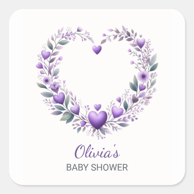 Lavender Floral Heart Baby Shower Invitation Square Sticker (Front)