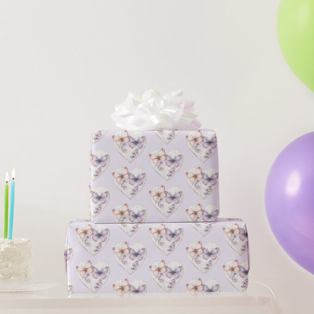 Lavender Floral Heart Pink Butterflies Birthday Wrapping Paper (Party Gifts)