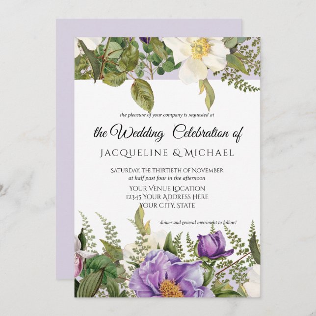 Lavender Floral Ivory Wedding Rose Peony w Foliage Invitation (Front/Back)