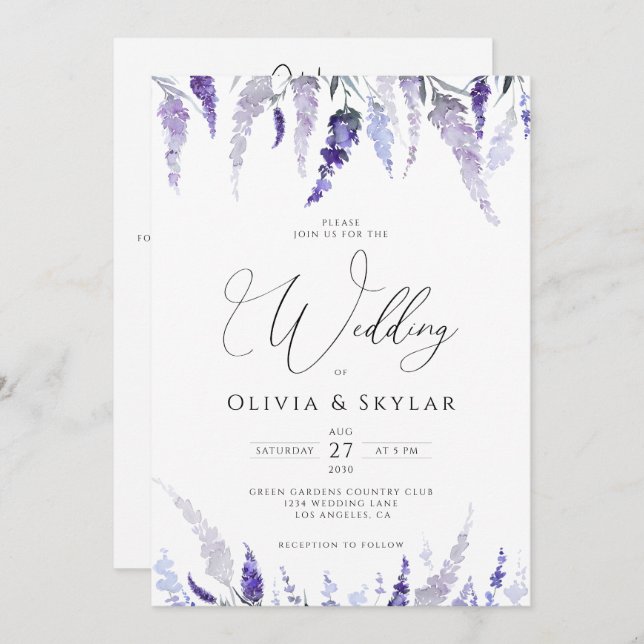 Lavender Floral Mauve QR Code All In One Wedding Invitation (Front/Back)