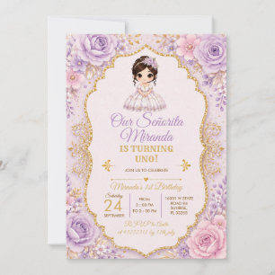 Lavender Floral Mi Bautizo First Birthday Invitation