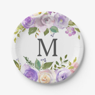 Lavender Floral Monogram Bridal Shower Paper Plate