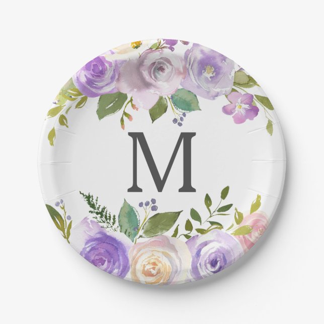 Lavender Floral Monogram Bridal Shower Paper Plate (Front)