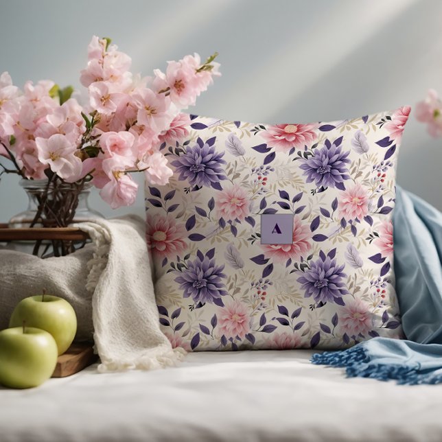 Lavender floral  pattern monogram cushion (Creator Uploaded)