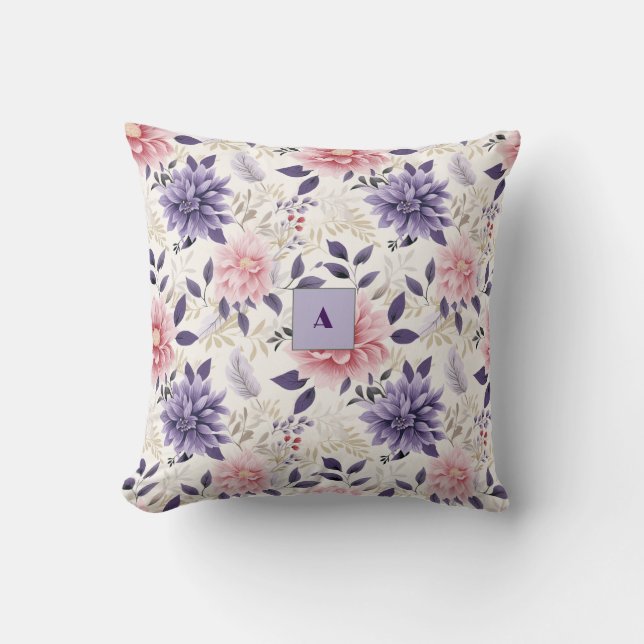 Lavender floral  pattern monogram cushion (Front)