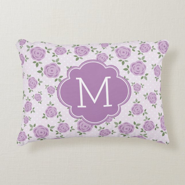 Lavender Floral Pattern Monogrammed Decorative Cushion (Front)