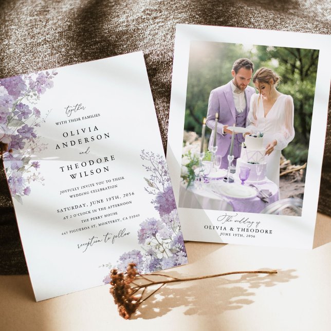 Lavender Floral Photo Back Elegant Wedding Invitation (Lavender floral photo back wedding invitation with hydrangea watercolor, romantic couple portrait)