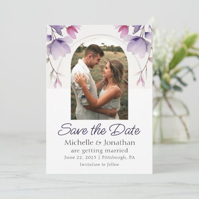 Lavender Floral Photo Bible Verse Wedding Save The Date (Standing Front)