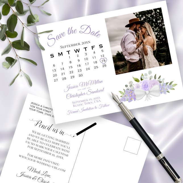 Lavender Floral Photo & Calendar Save the Date  Announcement Postcard (Creator Uploaded)