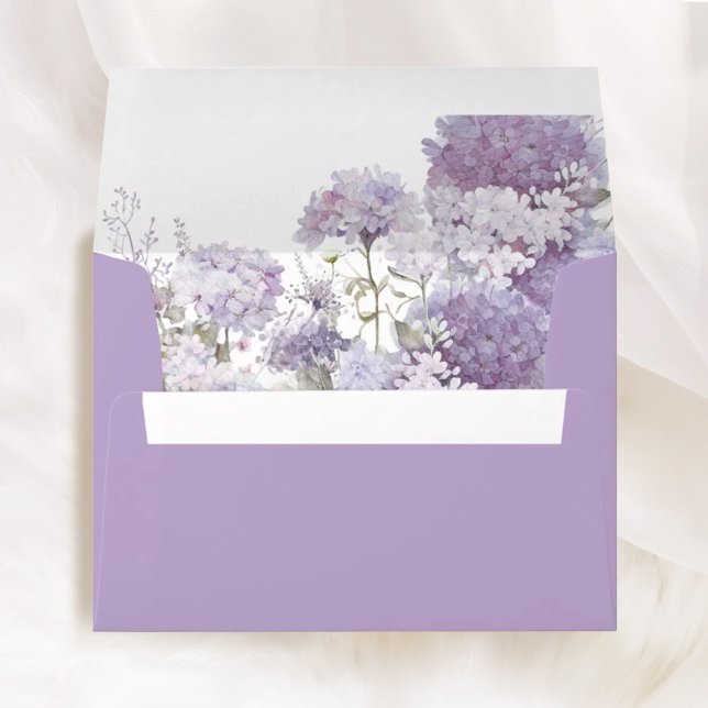Lavender Floral Printed Wedding Liner & Addressed Envelope (Lavender floral printed wedding envelope with watercolor hydrangea liner, elegant wedding stationery)