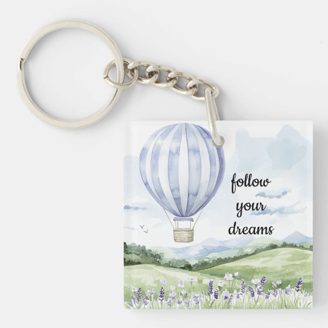Lavender Floral Purple White Hot Air Balloon Key Ring (Front)