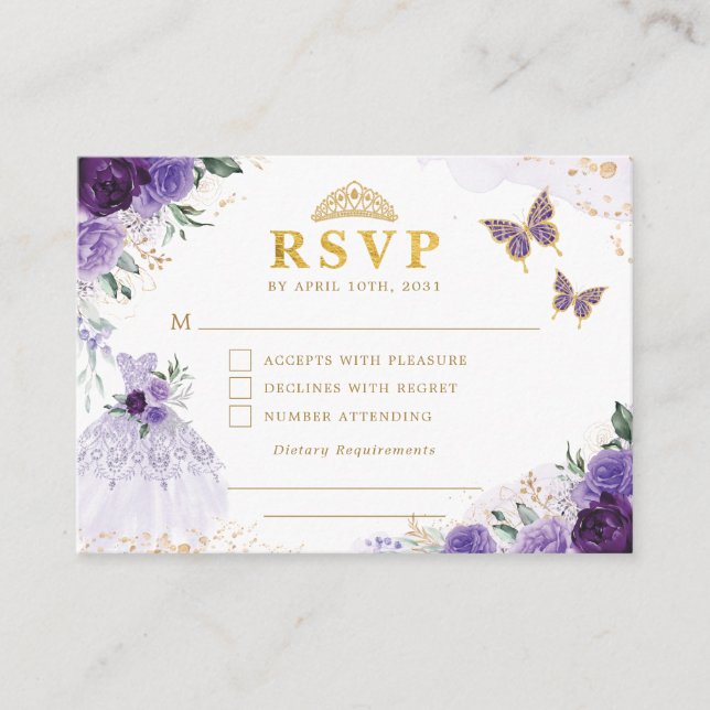 Lavender Floral Quinceanera Princess Dress RSVP Enclosure Card (Front)