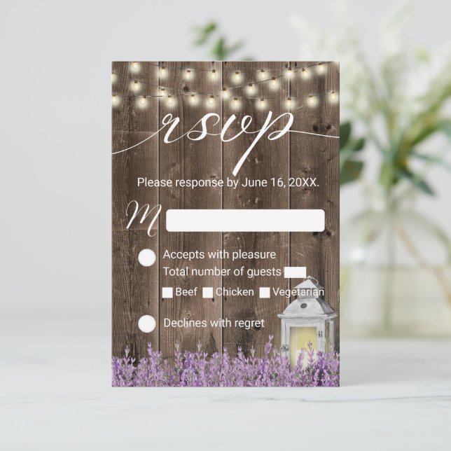 Lavender Floral Rustic Lantern Barn Wedding RSVP Card (Standing Front)