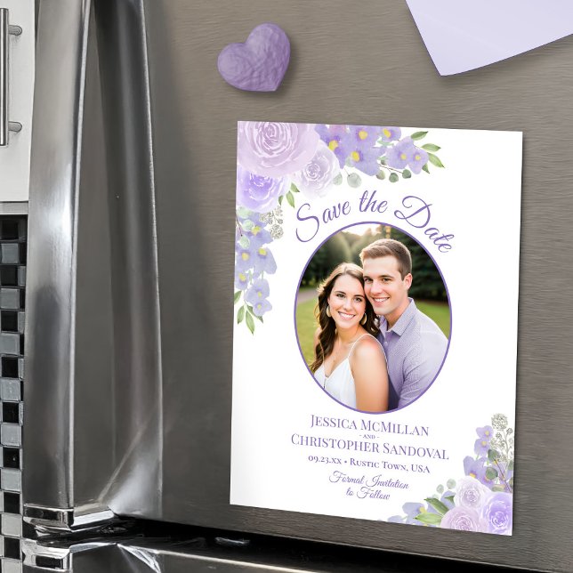 Lavender Floral Save the Date Oval Photo Magnet (Magnetic for Easy Display!)