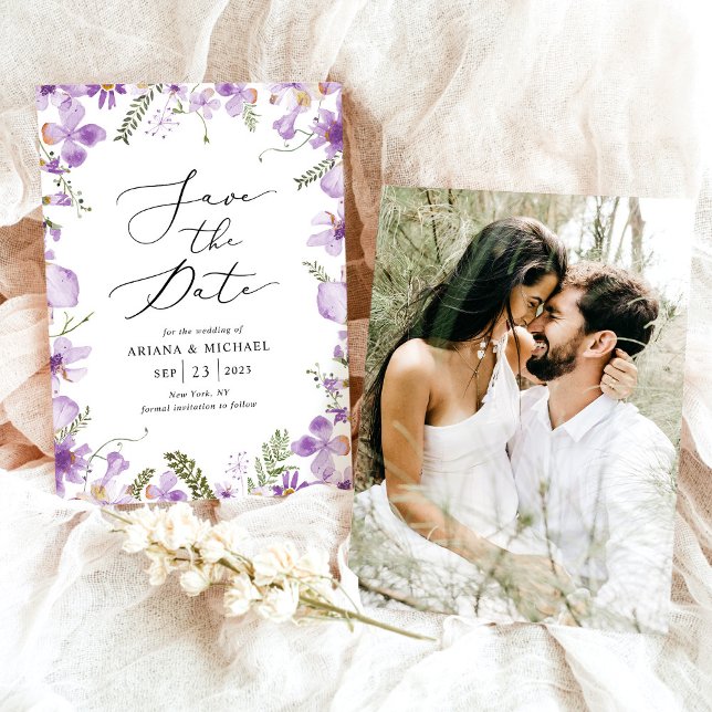Lavender Floral Save The Date Photo Card (Creator Uploaded)