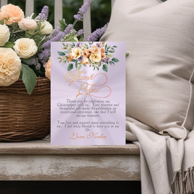 Lavender - Floral & Silver Tiara Quinceanera Thank You Card (Creator Uploaded)
