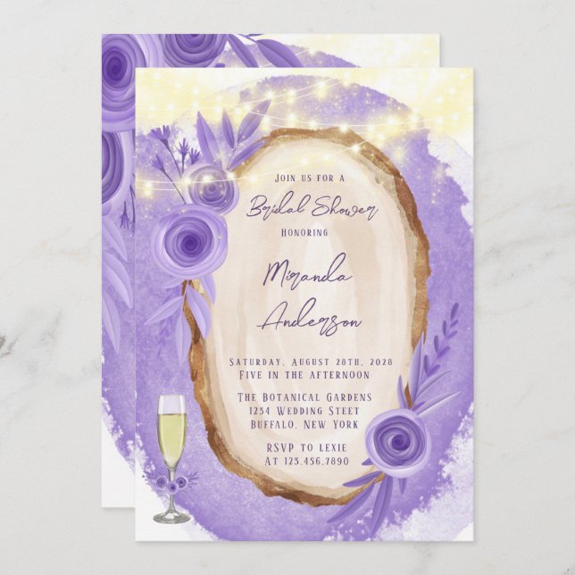 Lavender Floral String Of Light Bridal Shower Invitation (Front/Back)