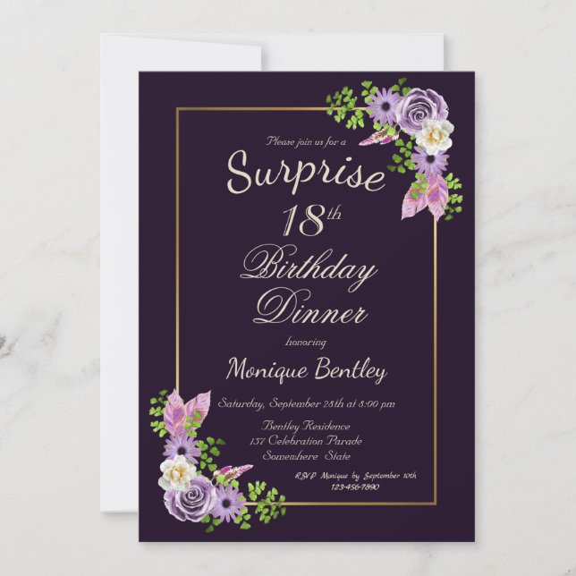 Lavender Floral Surprise 18th Birthday Dinner Invitation (Front)