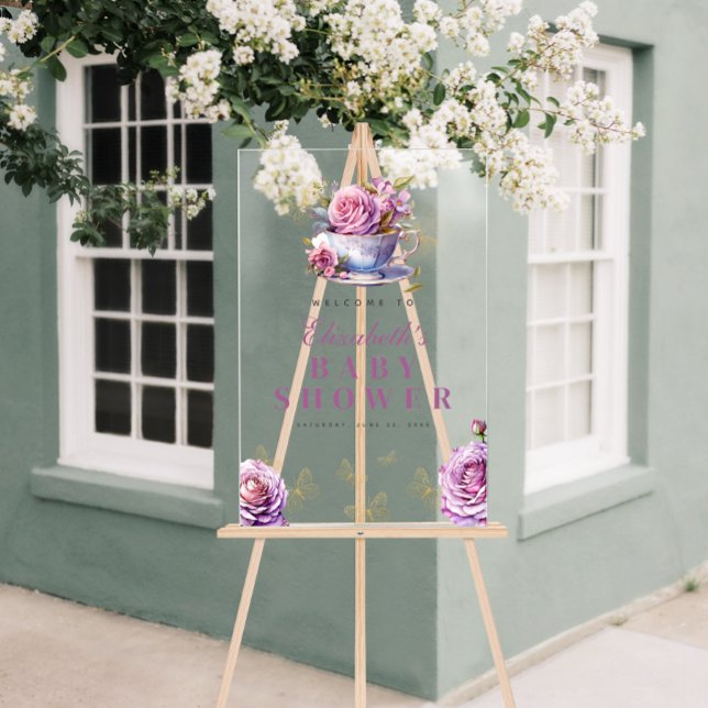 Lavender Floral Tea Cup Baby Shower Welcome  Acrylic Sign (Lavender Floral Tea Cup Baby Shower Welcome Acrylic Sign)
