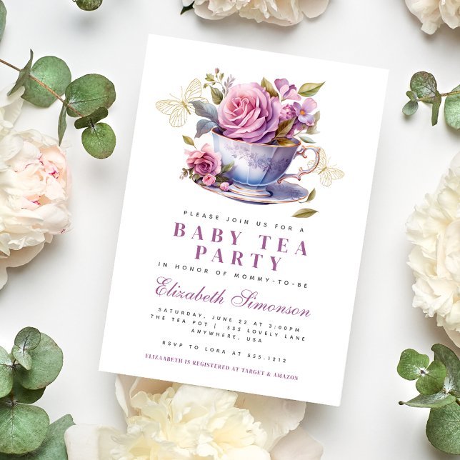 Lavender Floral Tea Cup Baby Tea Party Baby Shower Invitation (Lavender Floral Tea Cup Baby Tea Party Baby Shower Invitation #babyteaparty #babyshowerteaparty
)