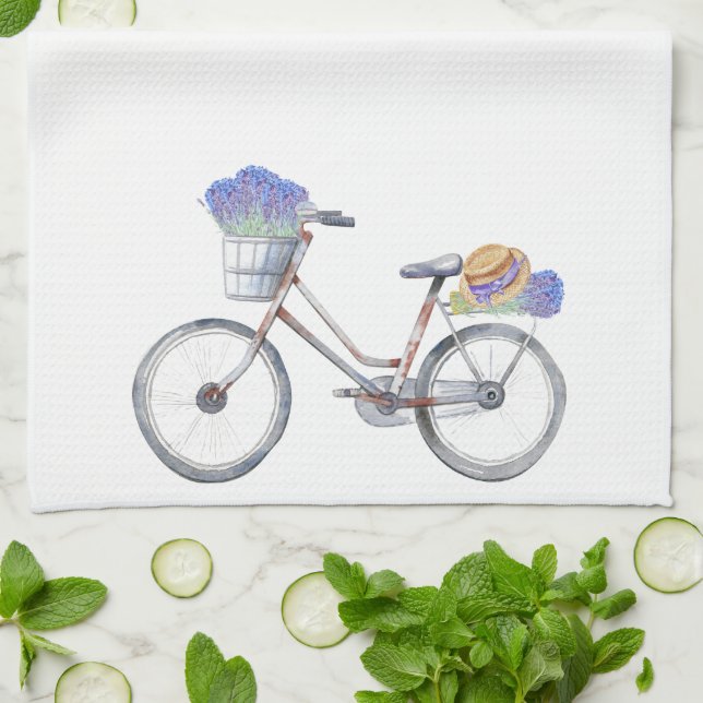 Lavender Floral Vintage Bicycle Farmhouse  Tea Towel (Folded)