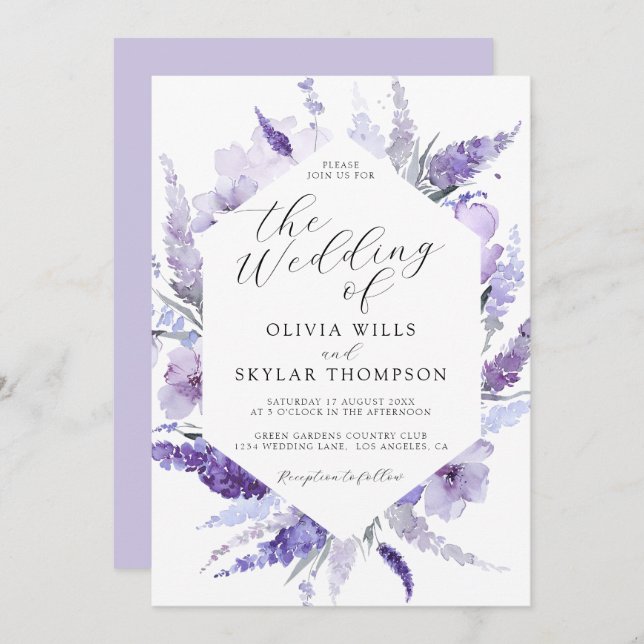 Lavender Floral Watercolor Botanical Boho Wedding  Invitation (Front/Back)
