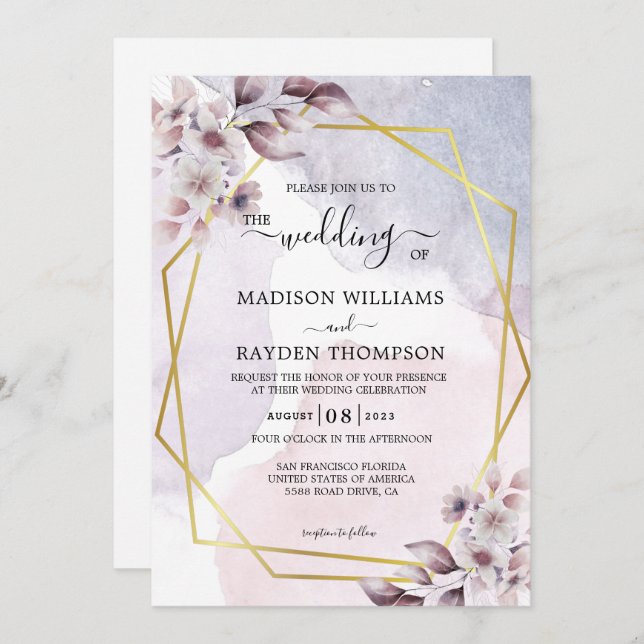 Lavender Floral Watercolor Gold Geometric Wedding Invitation (Front/Back)