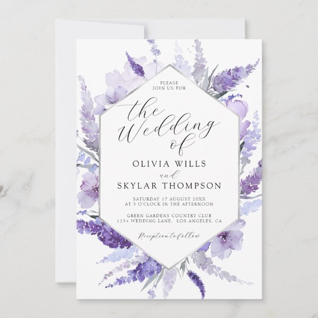 Lavender Floral Watercolor Silver Purple Wedding  Invitation (Front)