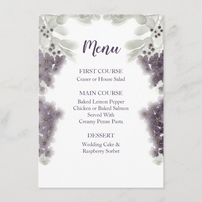 Lavender Floral Watercolor Wedding Menu (Front)
