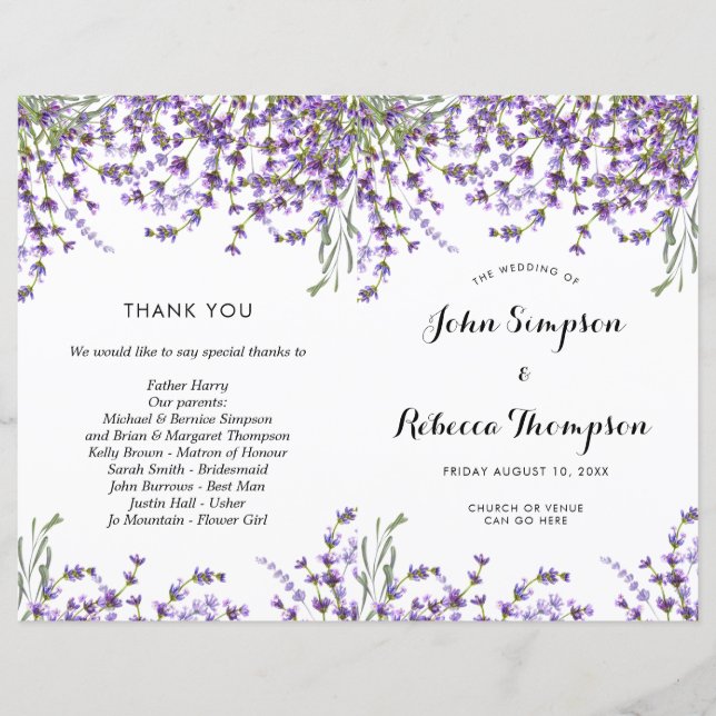 lavender floral wedding ceremony program (Front)