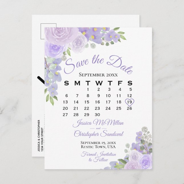 Lavender Floral Wedding Save the Date Calendar Announcement Postcard (Front/Back)