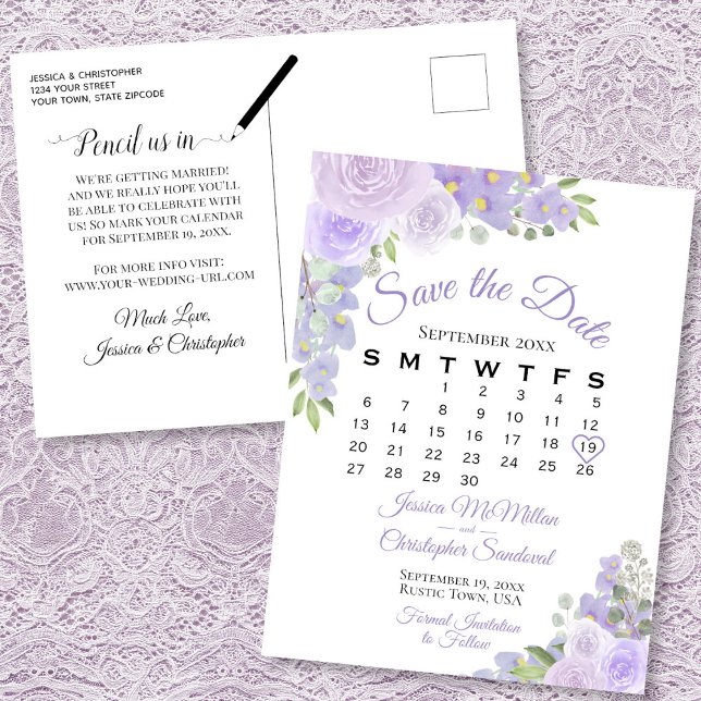 Lavender Floral Wedding Save the Date Calendar Announcement Postcard (Front/Back)