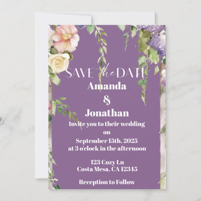 Lavender Floral Wedding Save the Date Card (Front)