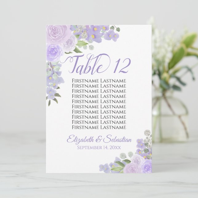 Lavender Floral Wedding Table Number & Names Large (Standing Front)