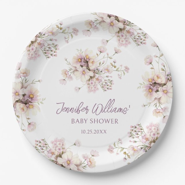 Lavender floral wildflower girl baby shower paper plate (Front)