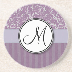 Lavender Floral Wisps & Stripes with Monogram Coaster