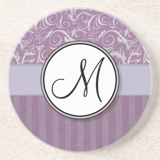 Lavender Floral Wisps & Stripes with Monogram Coaster (Front)