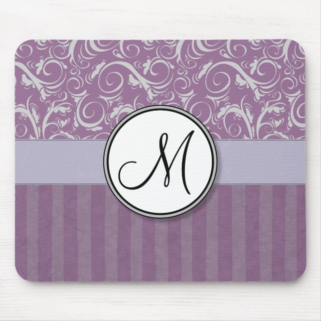 Lavender Floral Wisps & Stripes with Monogram Mouse Pad (Front)