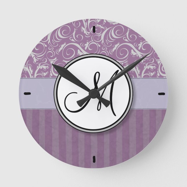 Lavender Floral Wisps & Stripes with Monogram Round Clock (Front)
