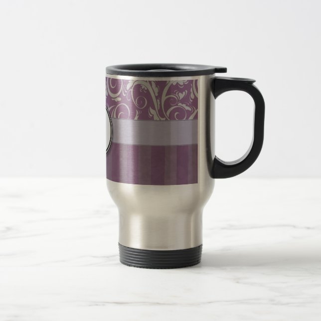 Lavender Floral Wisps & Stripes with Monogram Travel Mug (Right)