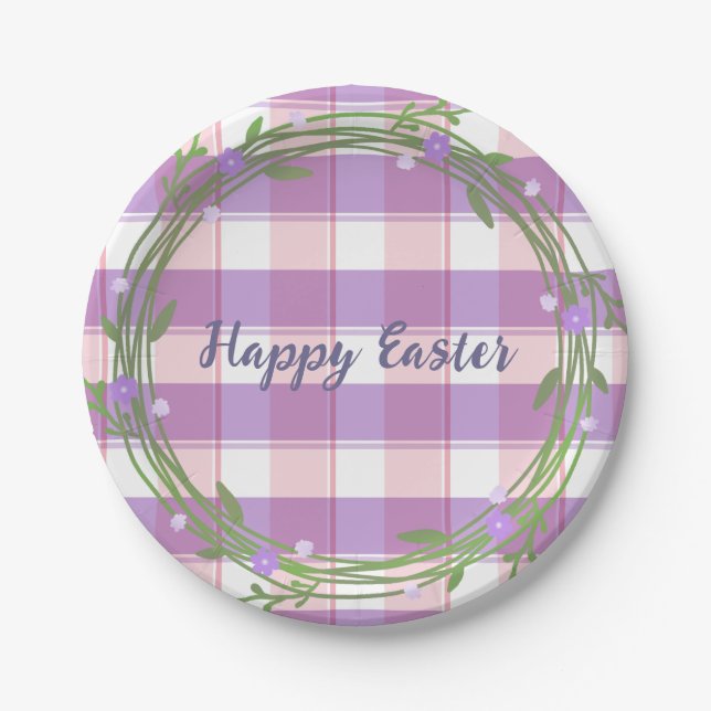 Lavender Floral Wreath Pink Check Custom Easter Paper Plate (Front)
