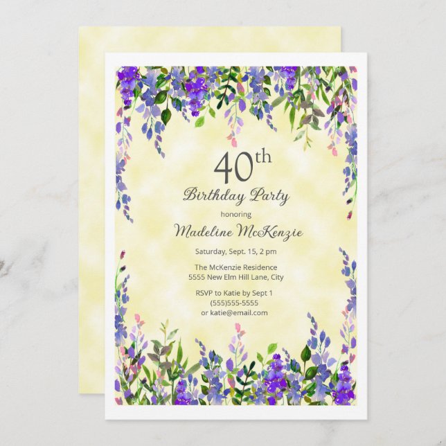 Lavender Floral Yellow 40th Birthday Party  Invitation (Front/Back)