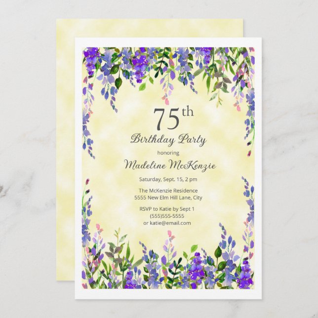 Lavender Floral Yellow 75th Birthday Party  Invitation (Front/Back)