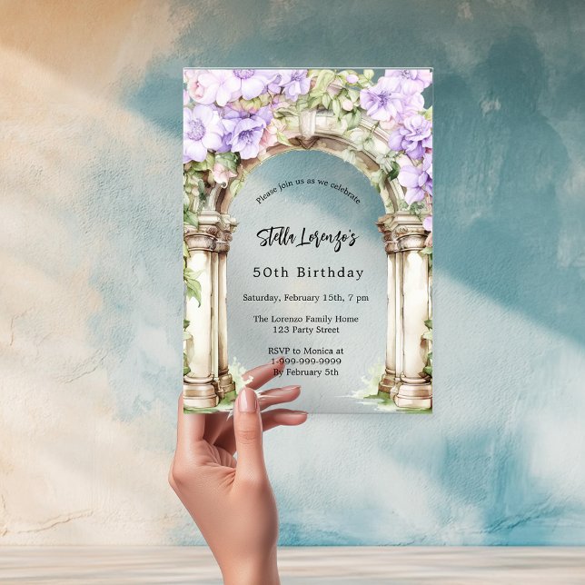 Lavender florals arch beige birthday clear acrylic invitations (Creator Uploaded)